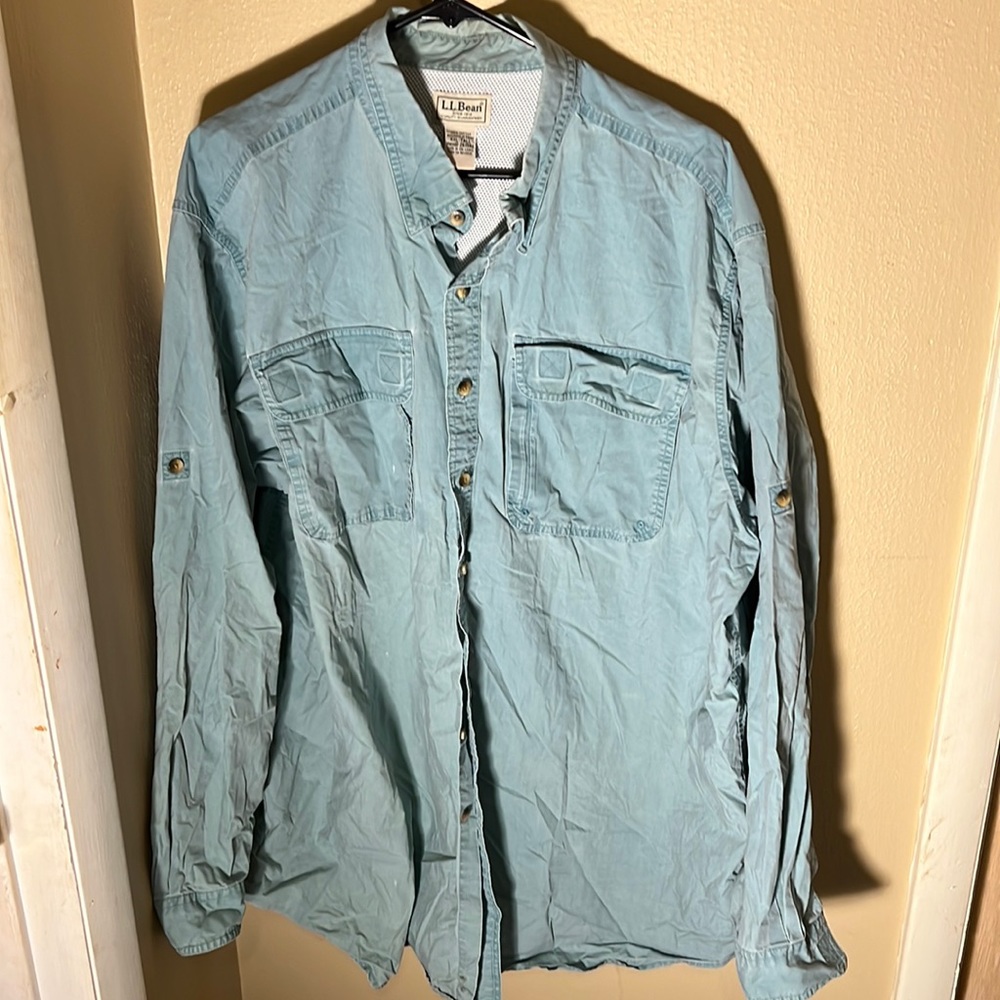 LL Bean Mens Tropicwear Long Sleeve Buttoned LS Shirt Color Sea Pine Size XXL TL